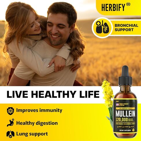 HERBIFY Mullein Drops - Lung Cleanse - Leaf Extract - Powerful Mullein for Immune Support,Detox & Respiratory Support - Made in USA - Lung Cleanse for Smokers - 4 Oz in Kuwait