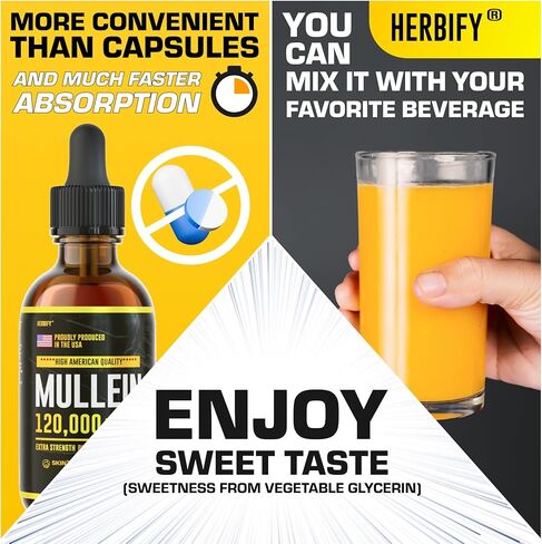 HERBIFY Mullein Drops - Lung Cleanse - Leaf Extract - Powerful Mullein for Immune Support,Detox & Respiratory Support - Made in USA - Lung Cleanse for Smokers - 4 Oz in Kuwait