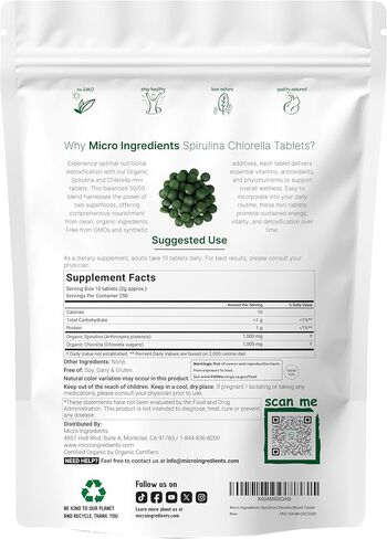 Micro Ingredients Organic Spirulina Chlorella Mini Tablets, 2,500 Tablets (8 Month Supply) | 50/50 Blend Superfood | Cracked Cell Wall for Better Absorption | Rich in Vegan Protein & Chlorophyll in Saudi Arabia