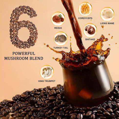 قهوة الفطر ، والتكييف 6 فطر مع ماني الأسد ، وريشي ، و Cordyceps ، و Shiitake ، و King Trumpet & Turkey Tail ، ومسحوق القهوة الفوري للطاقة ، والهضم ودعم المناعة ، و 30 حصصًا in Kuwait