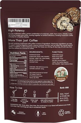 Mushroom Coffee, Adaptogenic 6 Mushrooms with Lion's Mane, Reishi, Cordyceps, Shiitake, King Trumpet & Turkey Tail, Instant Coffee Powder for Energy, Digestion & Immune Support, 30 Servings in Kuwait