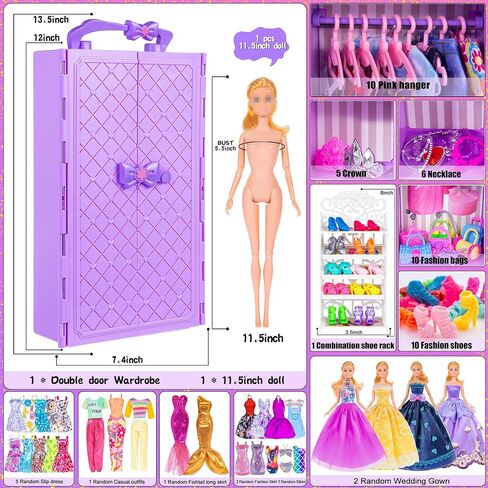 Doll and Doll Accessories 106 Pcs Doll Clothes and Accessories Purple Doll Closet Wardrobe Dream Closet Playest For 11.5 Inch Girl Doll Including Shoes Rack,Dress,Shoes Hangers Accessories(One Doll) in Kuwait