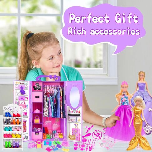 Doll and Doll Accessories 106 Pcs Doll Clothes and Accessories Purple Doll Closet Wardrobe Dream Closet Playest For 11.5 Inch Girl Doll Including Shoes Rack,Dress,Shoes Hangers Accessories(One Doll) in Kuwait