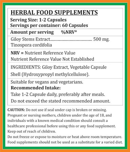Giloy Forte Capsules 500 mg. 60 Veg. Capsule | Guduchi (Tinospora Cordifolia) Extract Capsules for Men and Women | Indian Ayurvedic Herbal Supplement/Remedies (1 Bottle of 60 Capsules) in Saudi Arabia