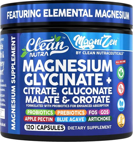 نظيفة Nutra Magnesium Glycinate Citrate Malate Orotate Taurate Complex Complex + 10 سلالة بروبيوتيك prebiotics fos gos inulin sleep sleep pectin Apple - 120 capsules vegan in Saudi Arabia