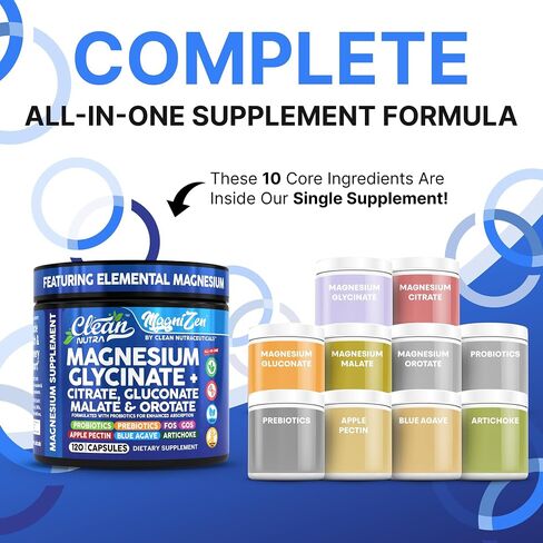 نظيفة Nutra Magnesium Glycinate Citrate Malate Orotate Taurate Complex Complex + 10 سلالة بروبيوتيك prebiotics fos gos inulin sleep sleep pectin Apple - 120 capsules vegan in Saudi Arabia