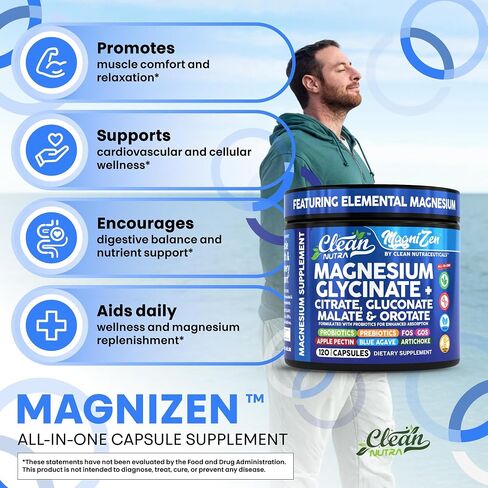 نظيفة Nutra Magnesium Glycinate Citrate Malate Orotate Taurate Complex Complex + 10 سلالة بروبيوتيك prebiotics fos gos inulin sleep sleep pectin Apple - 120 capsules vegan in Saudi Arabia
