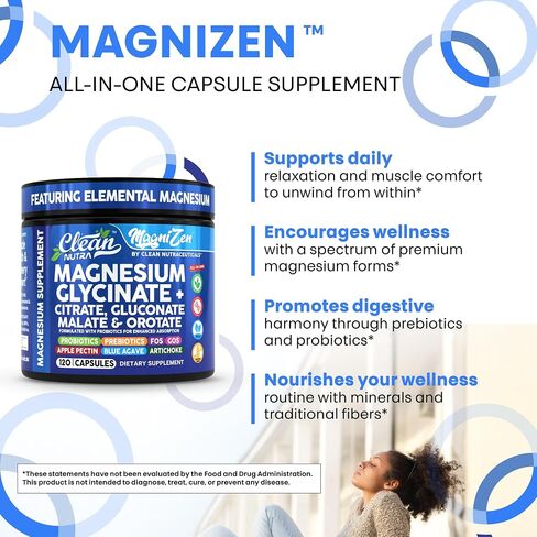 نظيفة Nutra Magnesium Glycinate Citrate Malate Orotate Taurate Complex Complex + 10 سلالة بروبيوتيك prebiotics fos gos inulin sleep sleep pectin Apple - 120 capsules vegan in Saudi Arabia