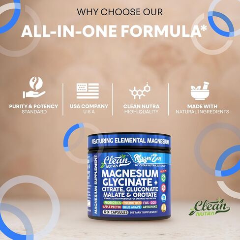 نظيفة Nutra Magnesium Glycinate Citrate Malate Orotate Taurate Complex Complex + 10 سلالة بروبيوتيك prebiotics fos gos inulin sleep sleep pectin Apple - 120 capsules vegan in Saudi Arabia