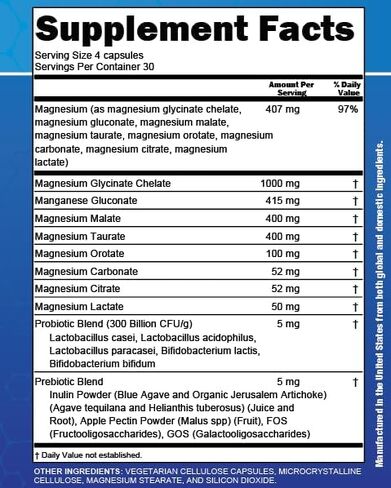 نظيفة Nutra Magnesium Glycinate Citrate Malate Orotate Taurate Complex Complex + 10 سلالة بروبيوتيك prebiotics fos gos inulin sleep sleep pectin Apple - 120 capsules vegan in Saudi Arabia