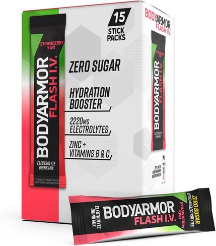 Bodyarmor Flash IV electrolyte حزم ، الفراولة Kiwi - مزيج مشروب السكر الصفر ، حزم خدمة واحدة ، مسحوق ماء جوز الهند (15 عدد) in Kuwait