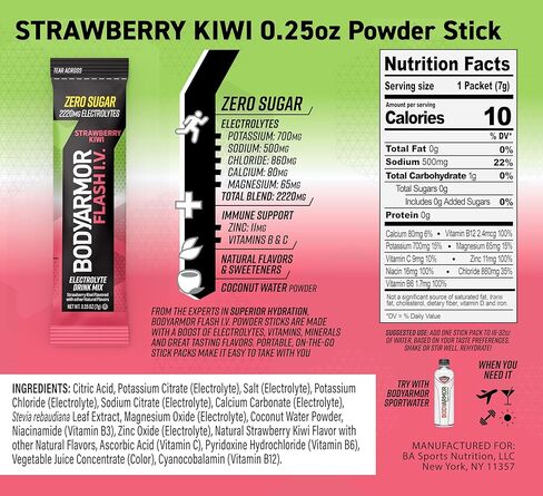 Bodyarmor Flash IV electrolyte حزم ، الفراولة Kiwi - مزيج مشروب السكر الصفر ، حزم خدمة واحدة ، مسحوق ماء جوز الهند (15 عدد) in Kuwait