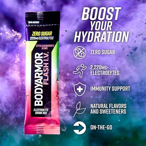 Bodyarmor Flash IV electrolyte حزم ، الفراولة Kiwi - مزيج مشروب السكر الصفر ، حزم خدمة واحدة ، مسحوق ماء جوز الهند (15 عدد) in Kuwait