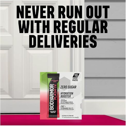 Bodyarmor Flash IV electrolyte حزم ، الفراولة Kiwi - مزيج مشروب السكر الصفر ، حزم خدمة واحدة ، مسحوق ماء جوز الهند (15 عدد) in Kuwait