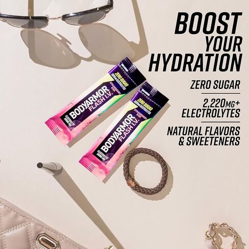 Bodyarmor Flash IV electrolyte حزم ، الفراولة Kiwi - مزيج مشروب السكر الصفر ، حزم خدمة واحدة ، مسحوق ماء جوز الهند (15 عدد) in Kuwait