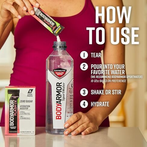 Bodyarmor Flash IV electrolyte حزم ، الفراولة Kiwi - مزيج مشروب السكر الصفر ، حزم خدمة واحدة ، مسحوق ماء جوز الهند (15 عدد) in Kuwait
