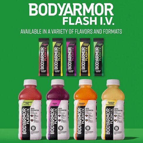 Bodyarmor Flash IV electrolyte حزم ، الفراولة Kiwi - مزيج مشروب السكر الصفر ، حزم خدمة واحدة ، مسحوق ماء جوز الهند (15 عدد) in Kuwait