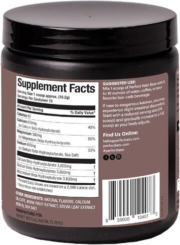 Perfect Keto Exogenous Ketones Powder, BHB Salts for Ketosis & Fasting Support, Electrolytes for Hydration, Caffeine Free Energy, Chocolate, 8.57 oz in Kuwait