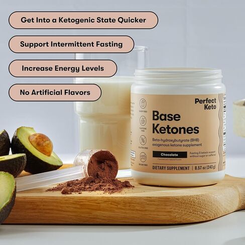 Perfect Keto Exogenous Ketones Powder, BHB Salts for Ketosis & Fasting Support, Electrolytes for Hydration, Caffeine Free Energy, Chocolate, 8.57 oz in Kuwait