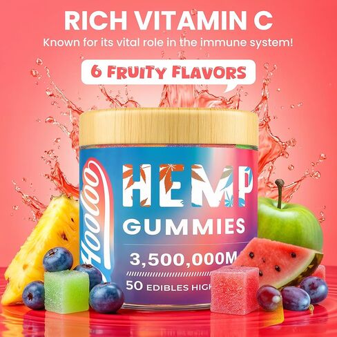 Hooloo Homp Gummies للبالغين ، 6 نكهات الفواكه لوقت النوم العميق ، والاسترخاء ، والفيتامينات المملوءة القنب ، وأوميغا 3 ، مصنوعة في الولايات المتحدة الأمريكية in Kuwait