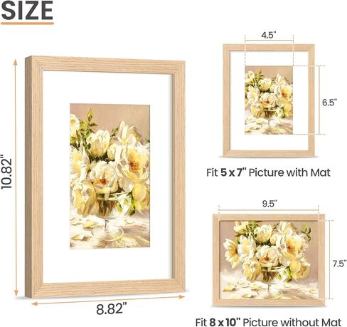 إطار الصورة 8x10 ، إطارات صور خشبية صلبة طبيعية ، عرض 5x7 مع حصيرة أو 8 × 10 بدون حصيرة ، جدار أو طاولة ، حزمة واحدة ، طبيعية in Kuwait