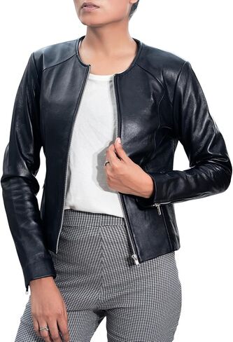 Jild Stylish Collarless Leather Jacket Women – Slim Fit Elegant Style Womens Lightweight Lambskin Leather Jacket in Saudi Arabia