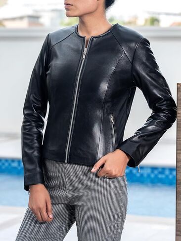 Jild Stylish Collarless Leather Jacket Women – Slim Fit Elegant Style Womens Lightweight Lambskin Leather Jacket in Saudi Arabia