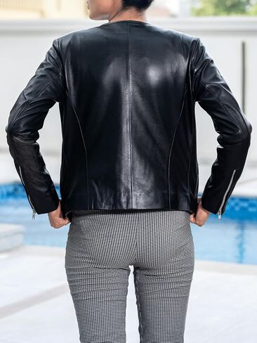 Jild Stylish Collarless Leather Jacket Women – Slim Fit Elegant Style Womens Lightweight Lambskin Leather Jacket in Saudi Arabia