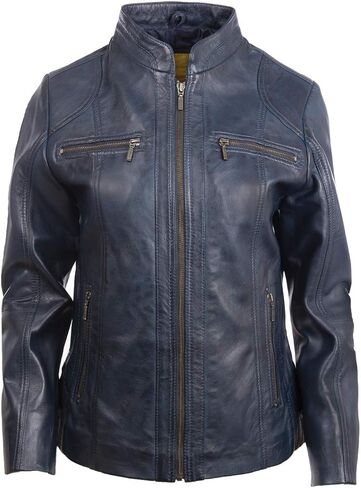 Women's Super Soft Real Leather Band Collar Biker Jacket (OBFQ) in Saudi Arabia