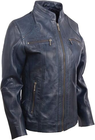 Women's Super Soft Real Leather Band Collar Biker Jacket (OBFQ) in Saudi Arabia