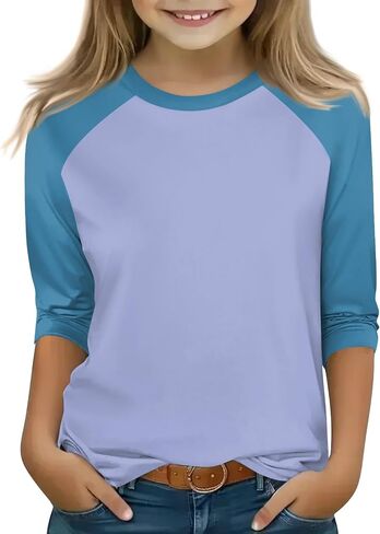 Shirts for Girls 3/4 Sleeve Crew Neck Graphic Blouses Athletic Elbow Sleeve Tops Summer Curved Hem Kids Clothes in Saudi Arabia