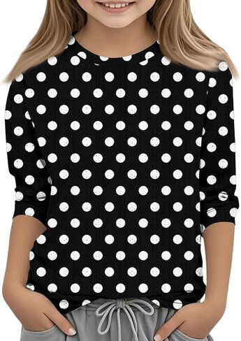 Cute Tops for Teen Girls Flowy 3/4 Sleeve Round Neck Graphic Blouses Oversized Tops Summer Kids Clothes in Saudi Arabia
