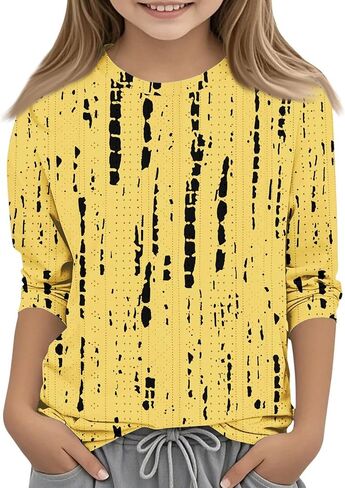 Cute Tops for Teen Girls Flowy 3/4 Sleeve Round Neck Graphic Blouses Oversized Tops Summer Kids Clothes in Saudi Arabia