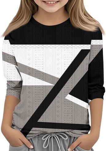 Cute Tops for Teen Girls Flowy 3/4 Sleeve Round Neck Graphic Blouses Oversized Tops Summer Kids Clothes in Saudi Arabia