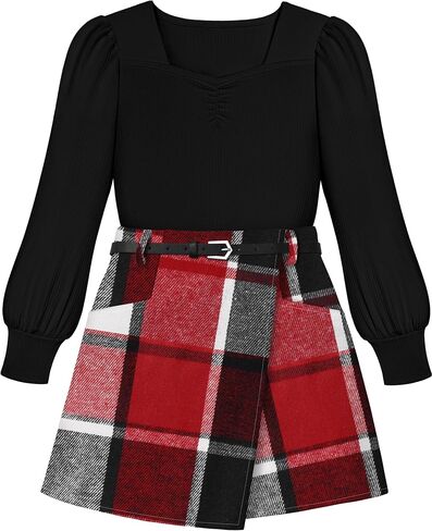 Girls Skirt Set 3 Piece Outfits Long Sleeve Tops and Plaid Mini Skirt Shorts with Belt Fall Winter Clothes in Saudi Arabia