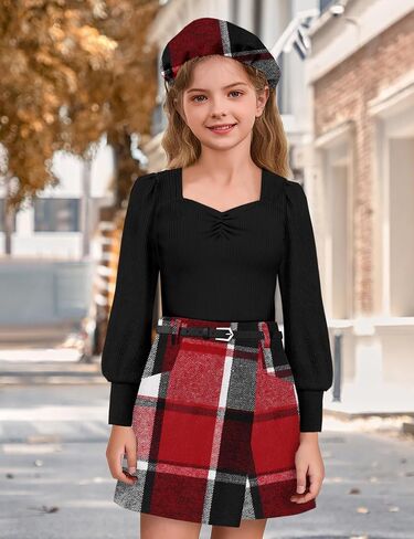 Girls Skirt Set 3 Piece Outfits Long Sleeve Tops and Plaid Mini Skirt Shorts with Belt Fall Winter Clothes in Saudi Arabia