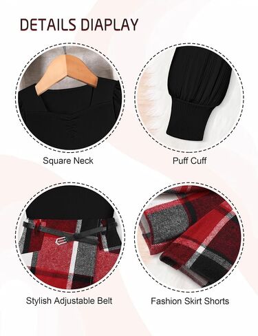 Girls Skirt Set 3 Piece Outfits Long Sleeve Tops and Plaid Mini Skirt Shorts with Belt Fall Winter Clothes in Saudi Arabia