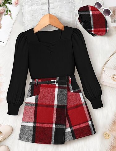 Girls Skirt Set 3 Piece Outfits Long Sleeve Tops and Plaid Mini Skirt Shorts with Belt Fall Winter Clothes in Saudi Arabia