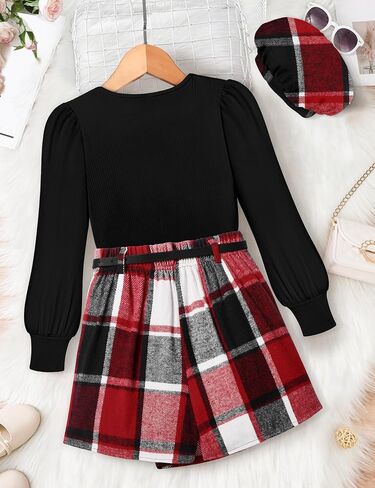 Girls Skirt Set 3 Piece Outfits Long Sleeve Tops and Plaid Mini Skirt Shorts with Belt Fall Winter Clothes in Saudi Arabia