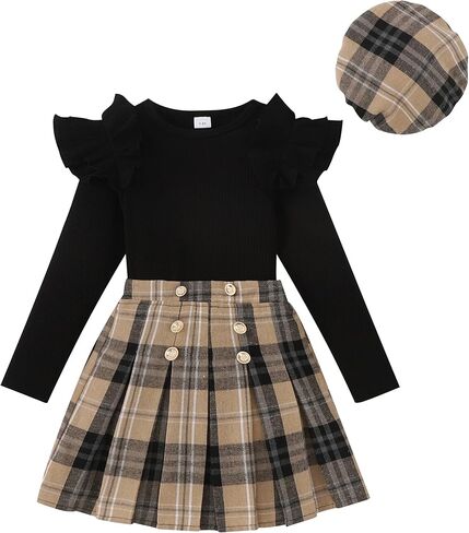 Girls Teen Clothes, Fall Winter Outfits Long Sleeve Ruffle Sleeve Top and Pleated Plaid Mini Skirt Set Size 7-14Y in Saudi Arabia