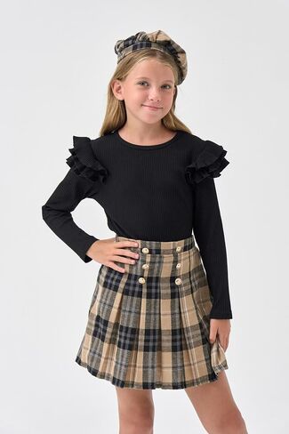 Girls Teen Clothes, Fall Winter Outfits Long Sleeve Ruffle Sleeve Top and Pleated Plaid Mini Skirt Set Size 7-14Y in Saudi Arabia