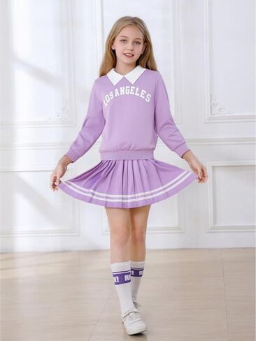 Girls Fall Outfits, 2 Piece Girl Clothes, Letter Print Long Sleeve Sweatshirt Pleated Skirt Sets for Kids Teen 5-12T in Kuwait