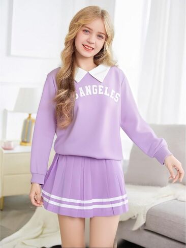 Girls Fall Outfits, 2 Piece Girl Clothes, Letter Print Long Sleeve Sweatshirt Pleated Skirt Sets for Kids Teen 5-12T in Kuwait