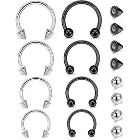 8Pcs 14G 16G 18G 20G Horseshoe Septum Nose Ring Helix Cartilage Earrings Hoops Hypoallergenic Tragus Daith Eyebrow Lip Ring Smily Piercing Jewelry Replacement Ball Spikes 7-12MM