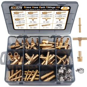 KOOTANS 80pcs Brass Hose Barb Fittings Kit 1/8" 3/16" 1/4" 5/16" 3/8" 1/2" Barb to Male NPT Thread Air Hose Fitting, Barbed Splicer and Tee with Clamps