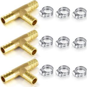 3 PCS 3/8"(10mm) Brass Hose Barb Tee Fittings, With 9 PCS Stainless Steel Clamps, For Air/Oil Hose Splicer, 3-Way-T