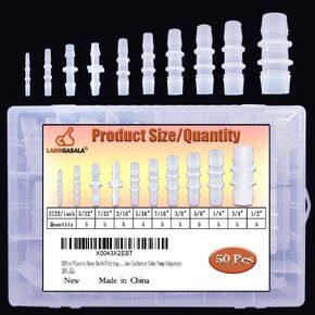 50Pcs Plastic Hose Barb Fittings Assortment, 10 Sizes of Equal Barbed Hose Pipe Fitting Connector Adapter Union Splicer Joint for Air Gas Water Liquid Fuel Line Catheter Tube Pump Adapters