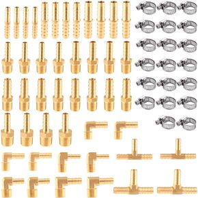 106Pcs Brass Hose Barb Fittings Assortment Kits Splicer Mender/Adaptor/Coupler/Connector 1/8" 3/16" 1/4" 5/16" 3/8" 1/2" Hose Fittings with Pipe Clamps for Water/Fuel/Air