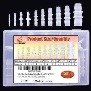 30Pcs Plastic Hose Barb Fittings Assortment, 10 Sizes of Equal Barbed Hose Pipe Fitting Connector Adapter Union Splicer Joint for Air Gas Water Liquid Fuel Line Catheter Tube Pump Adapters