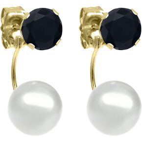 Gem Stone King 14K Yellow Gold Jacket Earrings with 5MM Black Onyx and 6MM Cultured Freshwater Pearl for Women | 0.92 Cttw